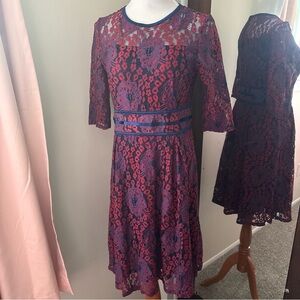 Miusol Fit and Flare Dress Red Blue Lace Floral Pinup Size Large